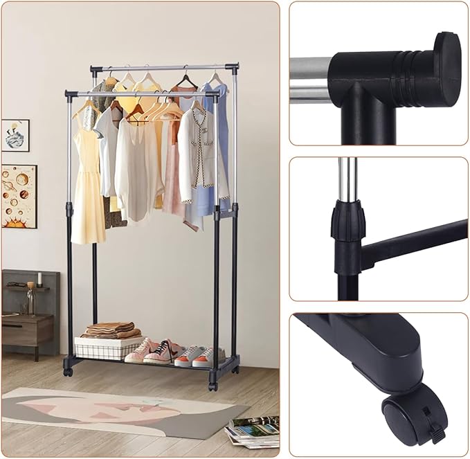 Perchero doble, ajustable, de acero, zapatero, para ropa